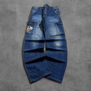 Vintage 90s Cargo Baggy Pants Grunge Denim Embroidered Distressed Y2k Style